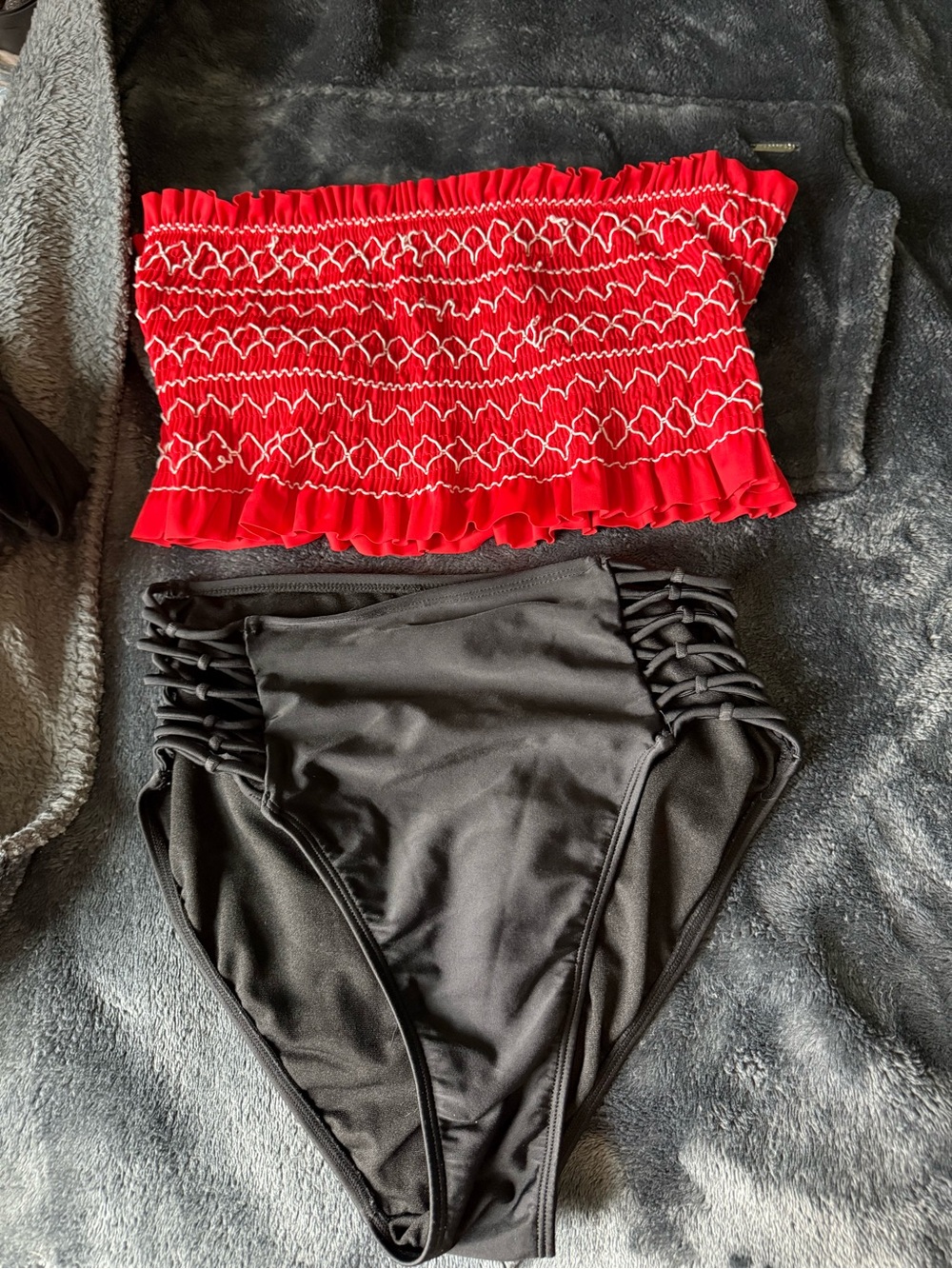 Red Smocked Ruffle Bandeau with Black High-Waist Bottoms